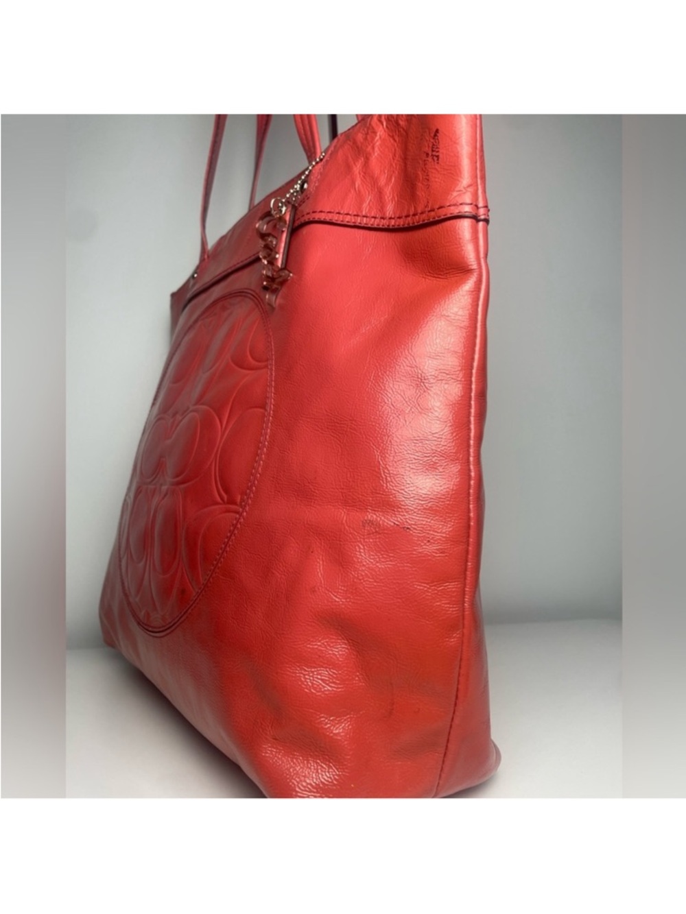 Coach Red Leather Embossed Logo Tote - Picture 8 of 14
